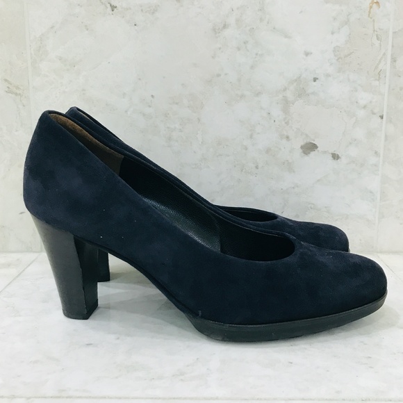 PAUL GREEN {6} Navy Blue Suede Pump Round Toe Black Wood Block Heel Rubber Sole - Picture 9 of 10